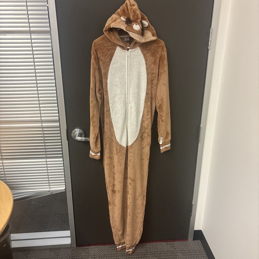 North Pole Trading Co Reindeer Hooded Zip Front One Piece Costume L Brown/White
